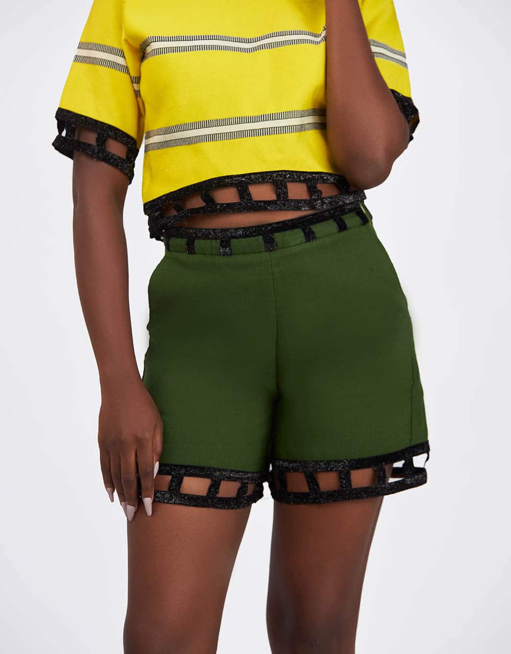 Ebere Aso Oke Crop Top and High Waist Shorts with Embellished trim